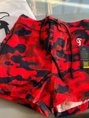 Tucann Men's 3" Small Red Camo Swim Board Shorts with Black Accents
